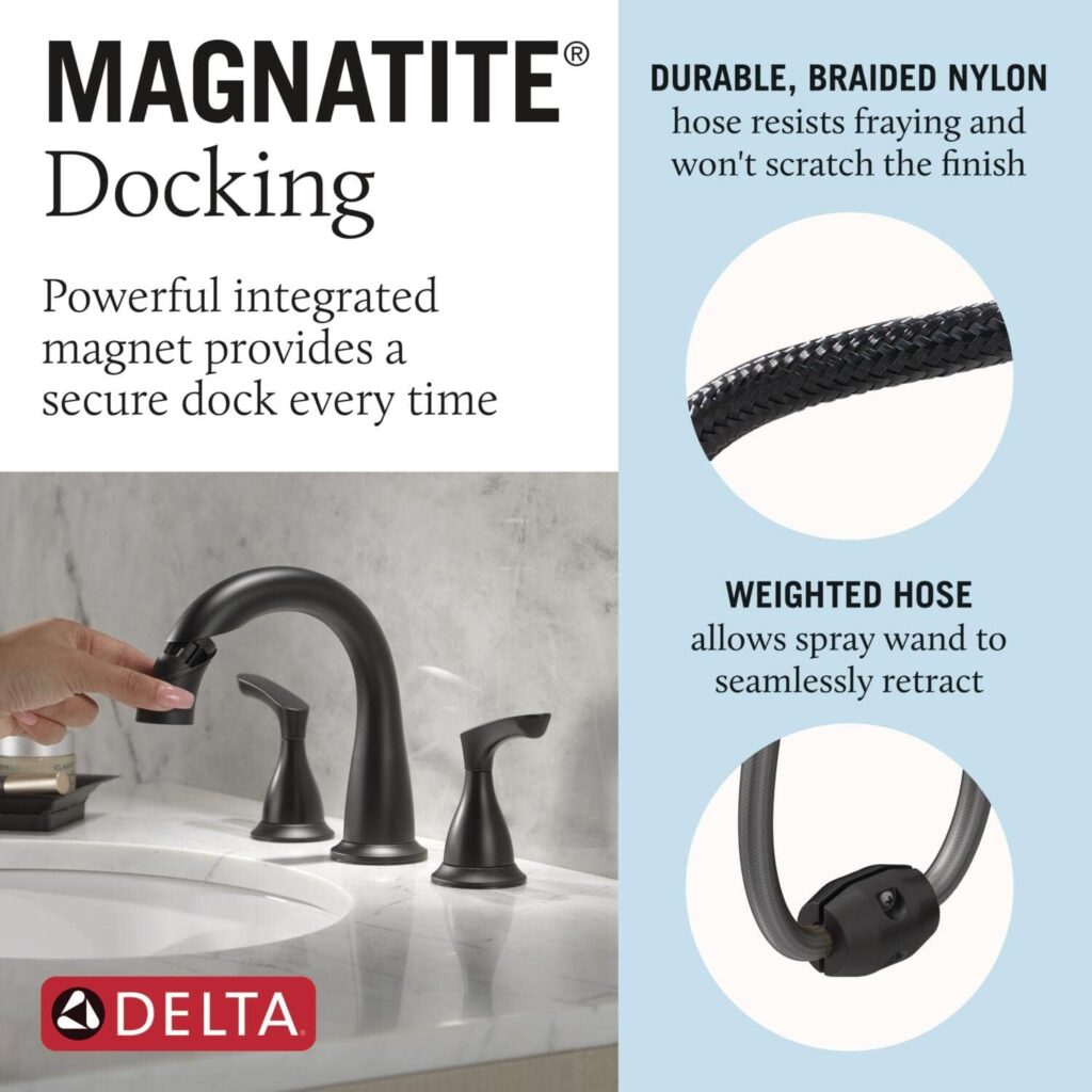 Delta Faucet Broadmoor Pull Down Bathroom Faucet Black, Bathroom Pull Out Faucet, Widespread Bathroom Faucet 3 Hole with Magnet Dock, Bathroom Sink Faucet, Matte Black 35765LF-BLPD