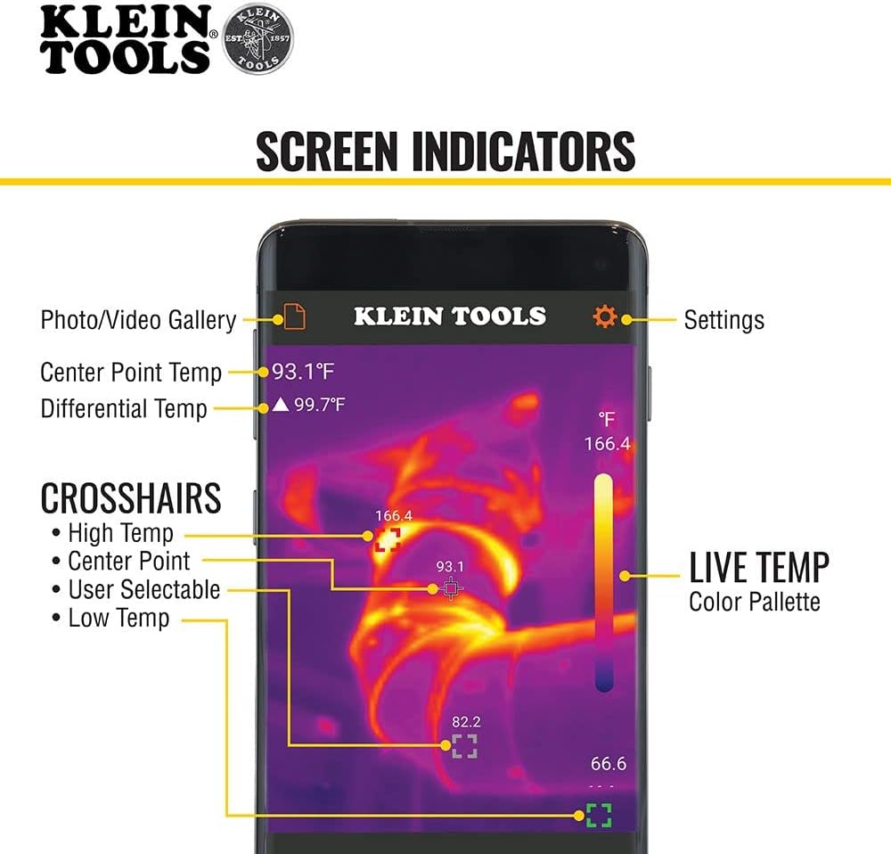Klein Tools TI222 Thermal Imager for IPhone and all iOS Devices, Thermal Imaging Camera, 10,800 Pixels, Three Color Palettes, High/Low Temperatures