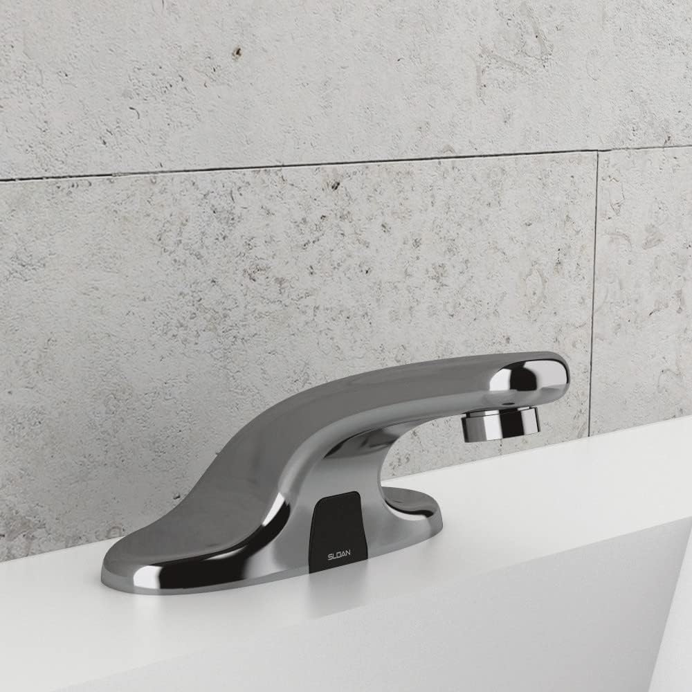 Sloan Optima EBF-650 Sensor Activated Touch-Free Faucet, Commercial Grade with Mounting Hardware - 0.5 GPM Battery-Powered Deck-Mounted Low Integrated Base Body with 8 Trim Plate, 3315139BT