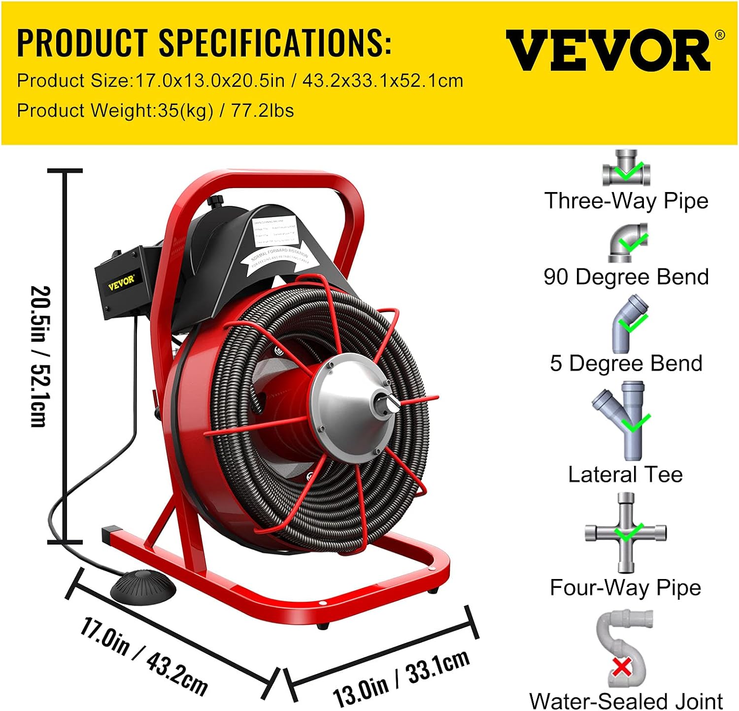 VEVOR Drain Cleaner Machine, 75 Ft x 1/2 Inch Drain Cleaning Machine Fits 1 to 4 Inch Pipes, Portable Drain Auger Cleaner with 4 Cutters, Electric Drain Clog Remover Plumbing Tool